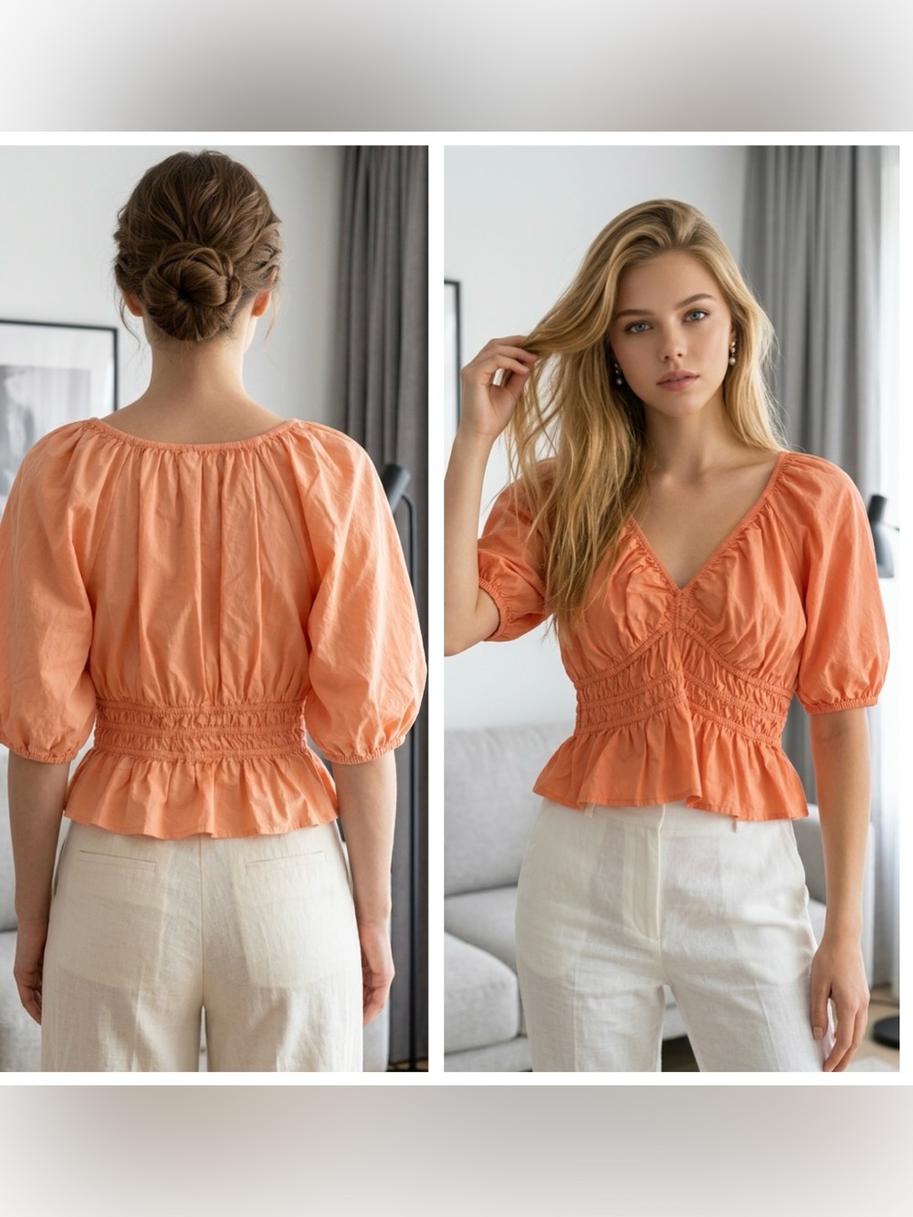 Old Navy Women's Sz SP Peach deep V Puff-Sleeve Smocked Peplum pullover Top